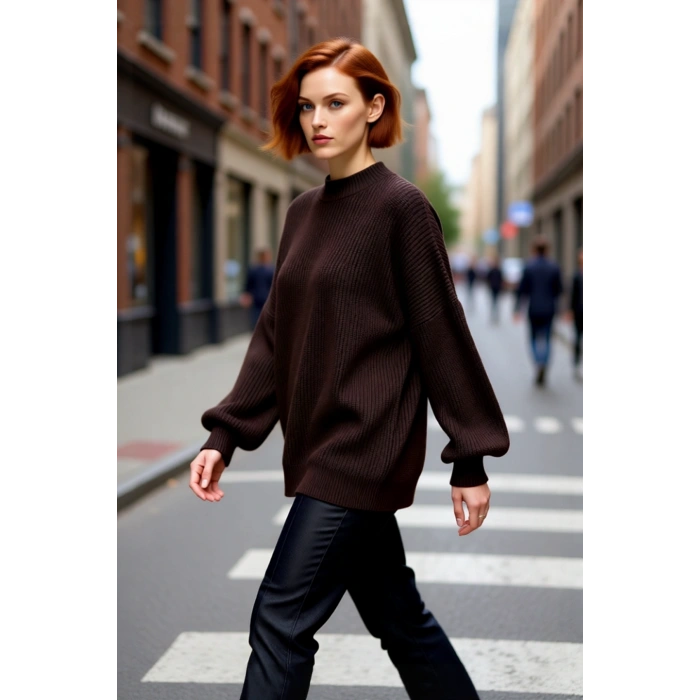 Kadın Oversize Basic Uzun Balon Kol Selanik Dokuma Triko Kazak 100% Akrilik Soğuk Havalar Kaliteli