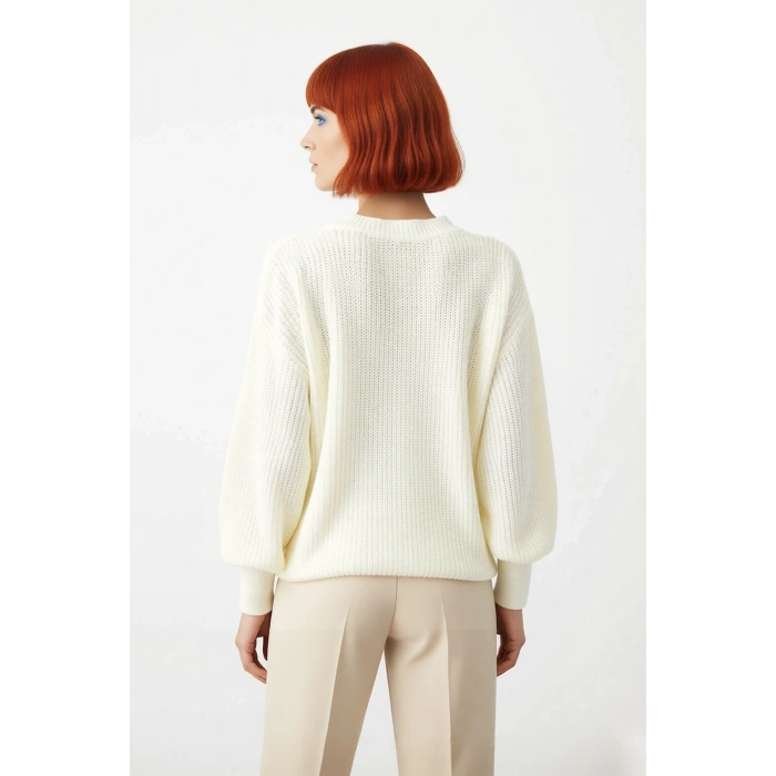 Kadın Oversize Basic Uzun Balon Kol Selanik Dokuma Triko Kazak 100% Akrilik Soğuk Havalar Kaliteli