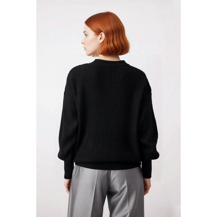 Kadın Oversize Basic Uzun Balon Kol Selanik Dokuma Triko Kazak 100% Akrilik Soğuk Havalar Kaliteli