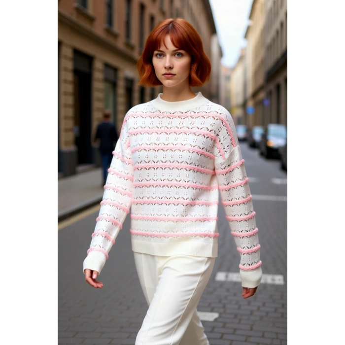 Kadın Oversize Bisiklet Yaka Ajurlu Triko Kazak Düşük Kol Detaylı Kışlık Rahat Tasarım Kaliteli