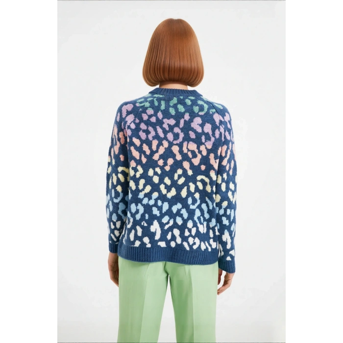 Kadın Oversize Bisiklet Yaka Animal Desenli Triko Kazak Kışlık Kombinlerin Gözdesi Uzun Kollu Rahat