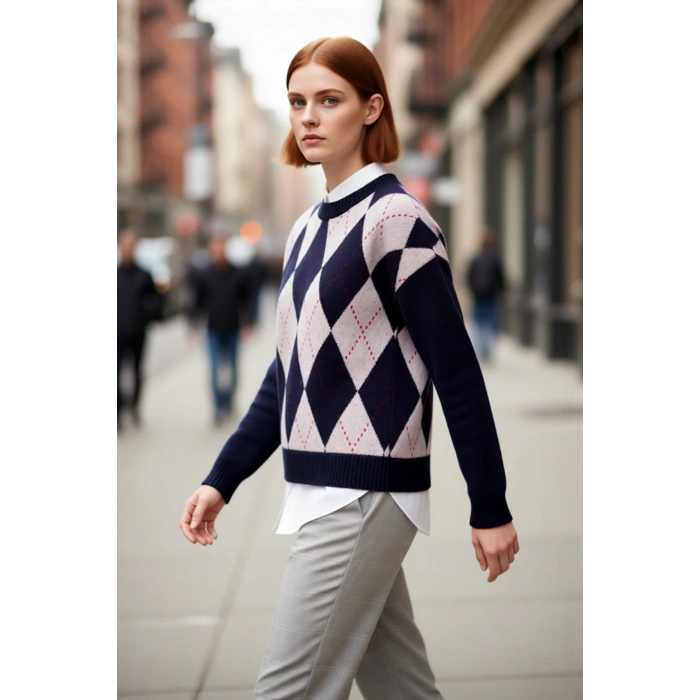 Kadın Oversize Bisiklet Yaka Baklava Desenli Düşük Kol Triko Kazak Kış Tarzına Şıklık Katıyor