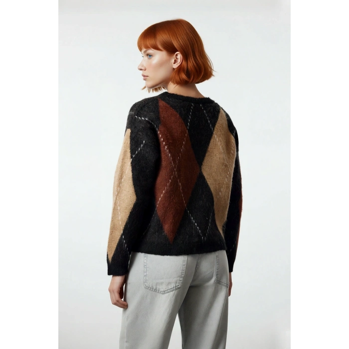 Kadın Oversize Bisiklet Yaka Baklava Desenli Triko Kazak Soğuk Kış Günleri İçin Rahat Şıklık