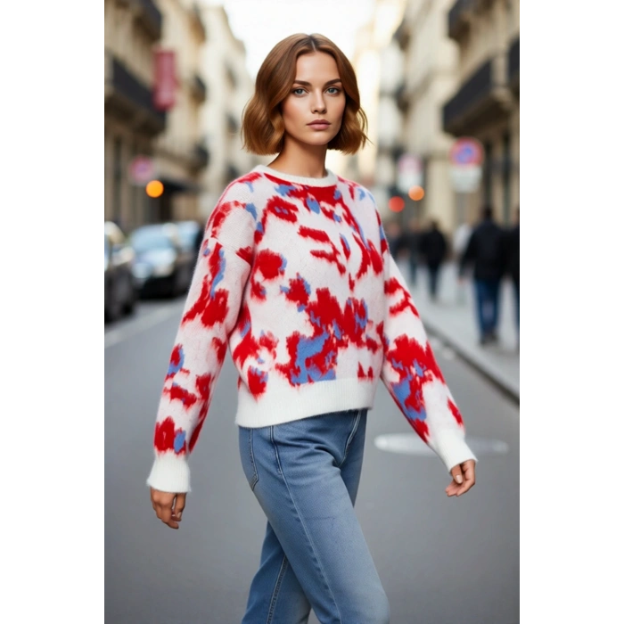 Kadın Oversize Bisiklet Yaka Batik Desenli Düşük Kol Akrilik Triko Kazak Günlük Şıklık Kaliteli