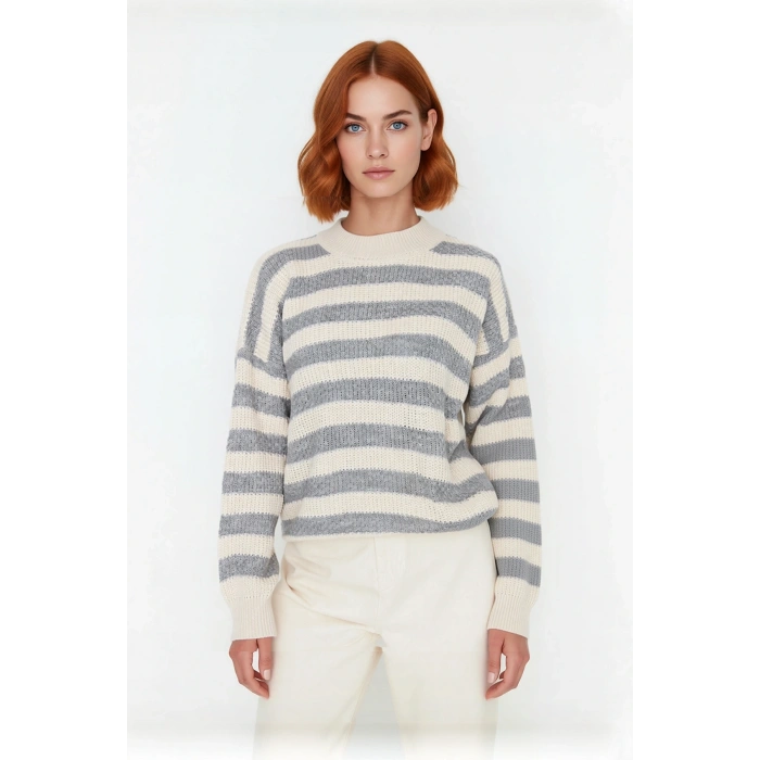 Kadın Oversize Bisiklet Yaka Bej Gri Çizgili Akrilik Uzun Kollu Triko Kazak Günlük Şıklık Kaliteli