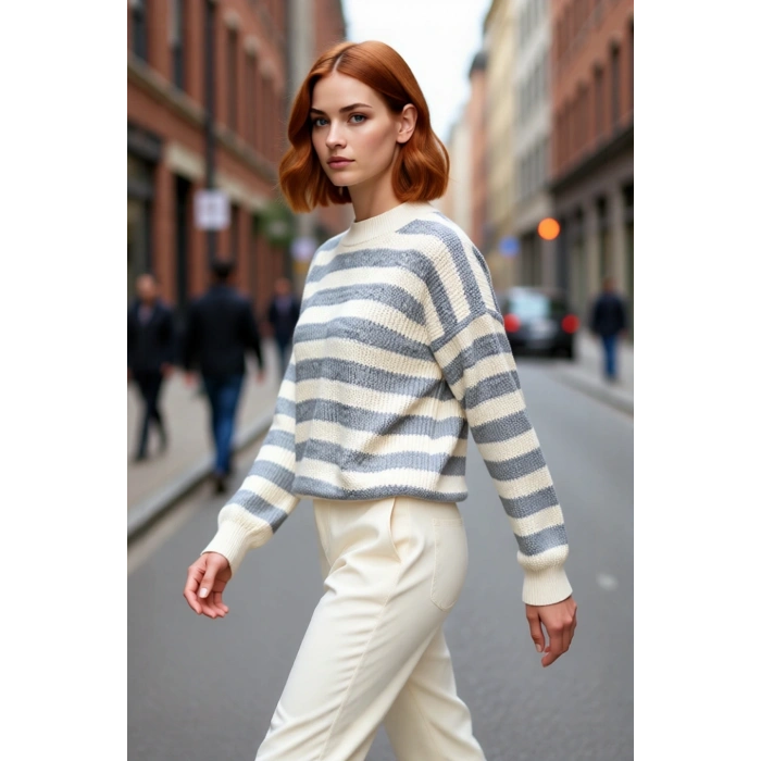Kadın Oversize Bisiklet Yaka Bej Gri Çizgili Akrilik Uzun Kollu Triko Kazak Günlük Şıklık Kaliteli