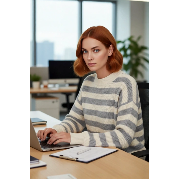 Kadın Oversize Bisiklet Yaka Bej Gri Çizgili Akrilik Uzun Kollu Triko Kazak Günlük Şıklık Kaliteli