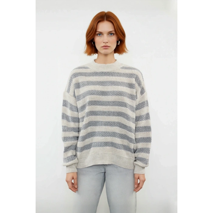 Kadın Oversize Bisiklet Yaka Bej Gri Çizgili Akrilik Uzun Kollu Triko Kazak Günlük Şıklık Kaliteli