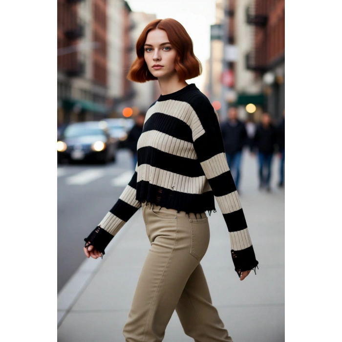 Kadın Oversize Bisiklet Yaka Çizgili Crop Akrilik Triko Kazak Akıtma Detaylı Rahat Şıklık Kaliteli