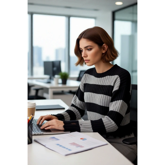 Kadın Oversize Bisiklet Yaka Çizgili Crop Akrilik Triko Kazak Akıtma Detaylı Rahat Şıklık Kaliteli