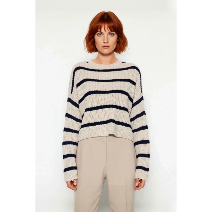 Kadın Oversize Bisiklet Yaka Çizgili Crop Triko Kazak Düşük Kollu Rahat Kışlık Kombinler İçin