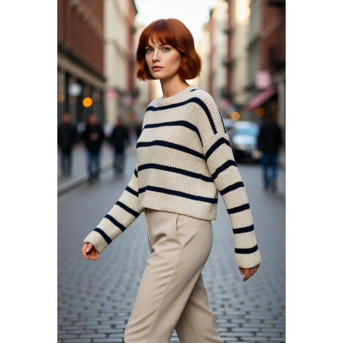 Kadın Oversize Bisiklet Yaka Çizgili Crop Triko Kazak Düşük Kollu Rahat Kışlık Kombinler İçin