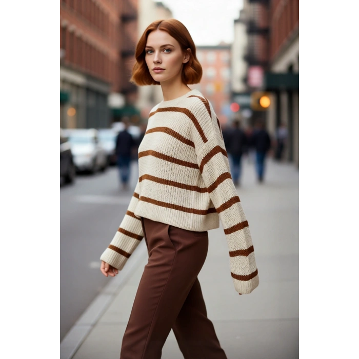 Kadın Oversize Bisiklet Yaka Çizgili Crop Triko Kazak Düşük Kollu Rahat Kışlık Kombinler İçin