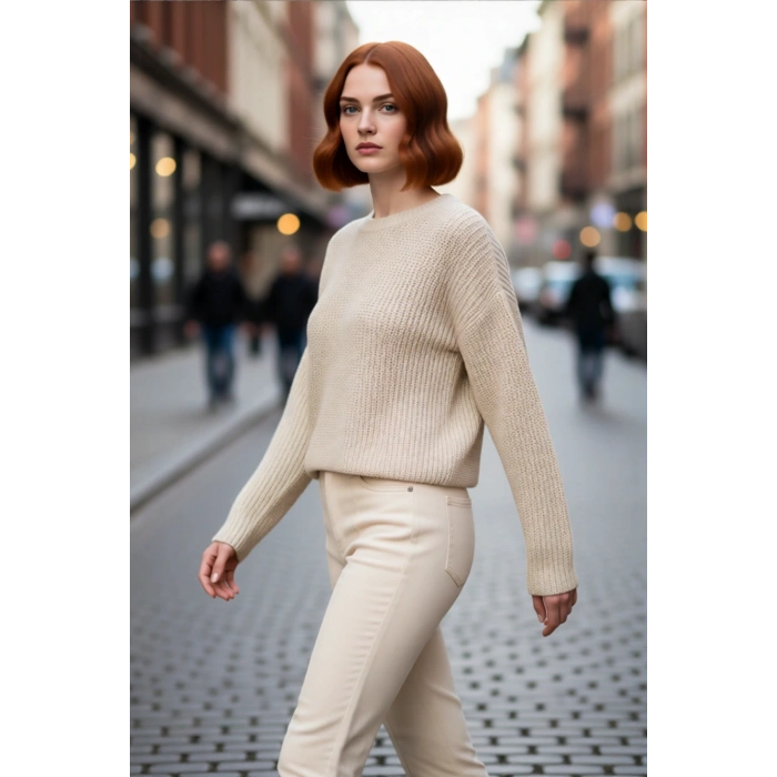 Kadın Oversize Bisiklet Yaka Çizgili Crop Triko Kazak Düşük Kollu Rahat Kışlık Kombinler İçin