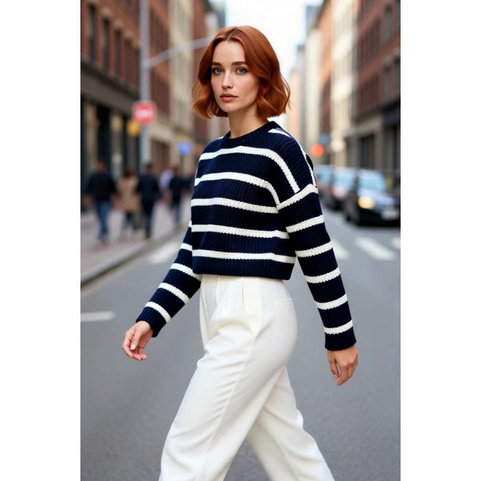 Kadın Oversize Bisiklet Yaka Çizgili Crop Triko Kazak Düşük Kollu Rahat Kışlık Kombinler İçin