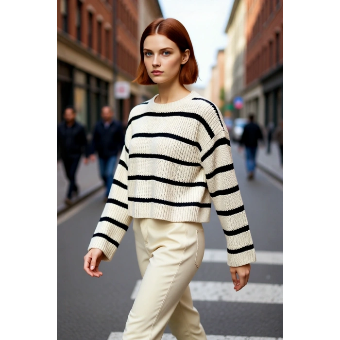 Kadın Oversize Bisiklet Yaka Çizgili Crop Triko Kazak Düşük Kollu Rahat Kışlık Kombinler İçin