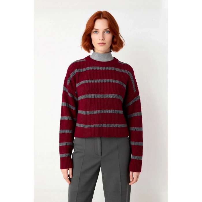 Kadın Oversize Bisiklet Yaka Çizgili Crop Triko Kazak Düşük Kollu Rahat Kışlık Kombinler İçin