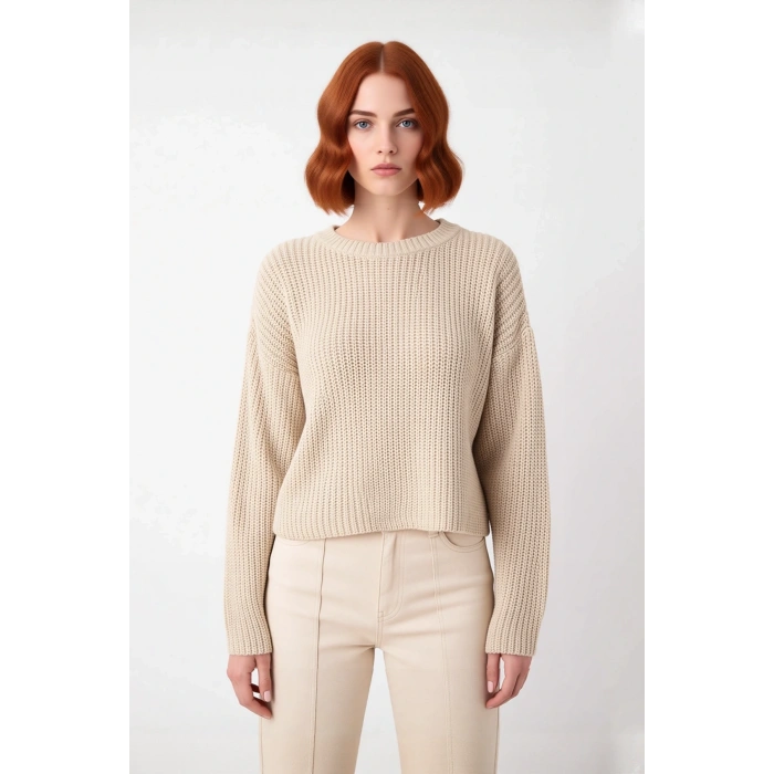 Kadın Oversize Bisiklet Yaka Çizgili Crop Triko Kazak Düşük Kollu Rahat Kışlık Kombinler İçin