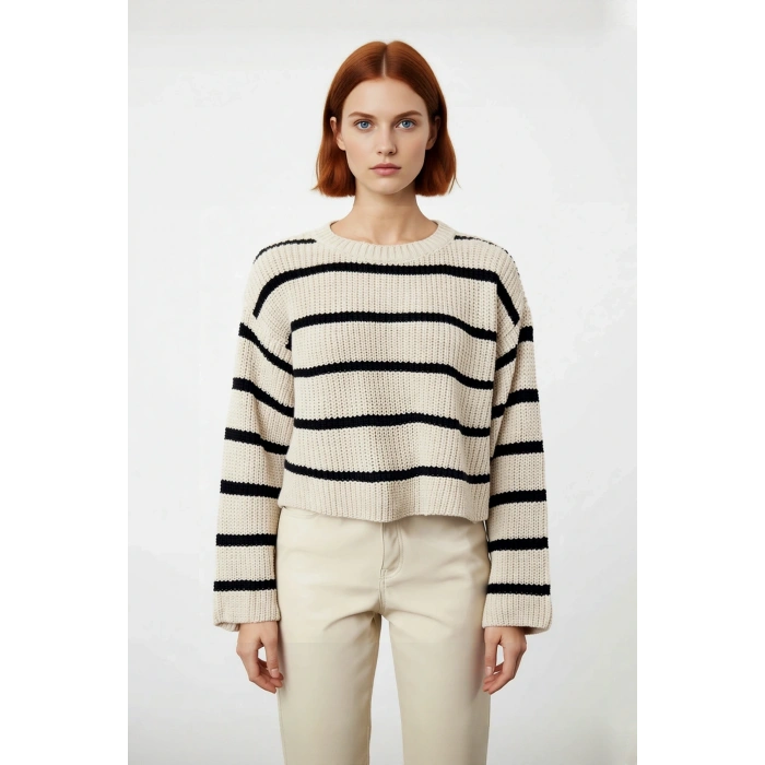 Kadın Oversize Bisiklet Yaka Çizgili Crop Triko Kazak Düşük Kollu Rahat Kışlık Kombinler İçin