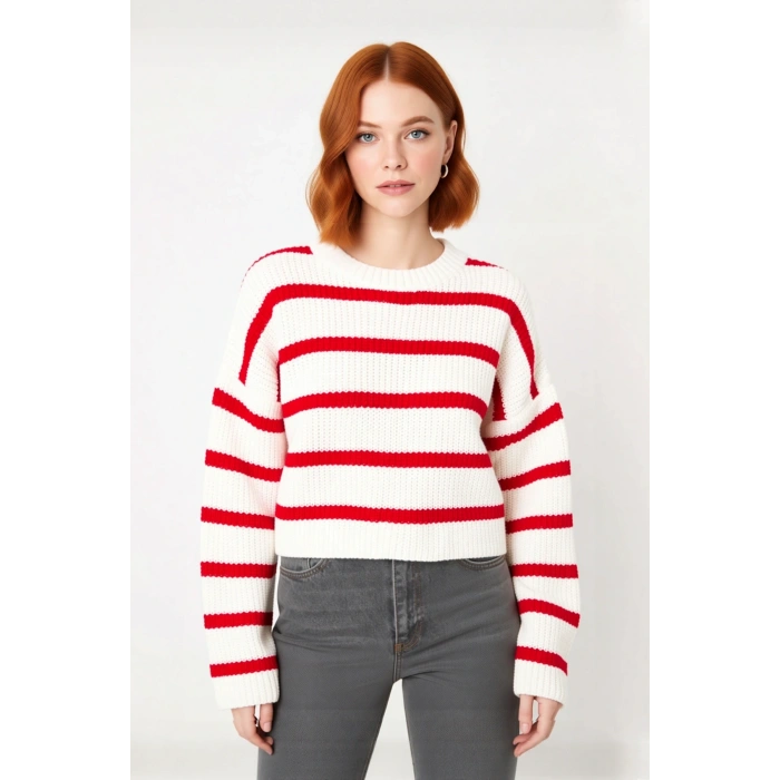 Kadın Oversize Bisiklet Yaka Çizgili Crop Triko Kazak Düşük Kollu Rahat Kışlık Kombinler İçin