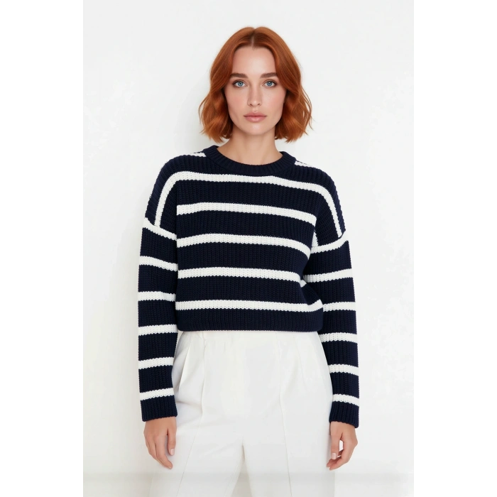 Kadın Oversize Bisiklet Yaka Çizgili Crop Triko Kazak Düşük Kollu Rahat Kışlık Kombinler İçin