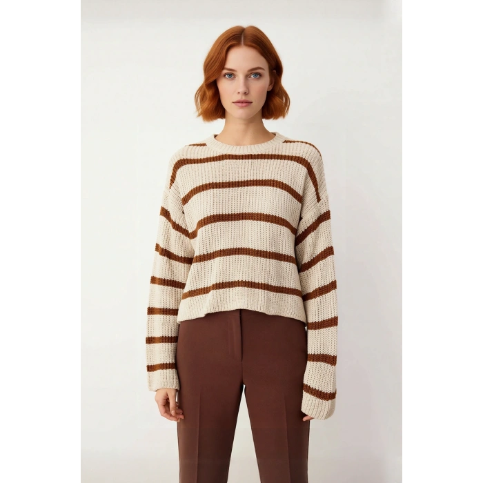 Kadın Oversize Bisiklet Yaka Çizgili Crop Triko Kazak Düşük Kollu Rahat Kışlık Kombinler İçin