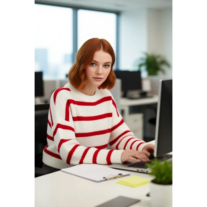 Kadın Oversize Bisiklet Yaka Çizgili Crop Triko Kazak Düşük Kollu Rahat Kışlık Kombinler İçin