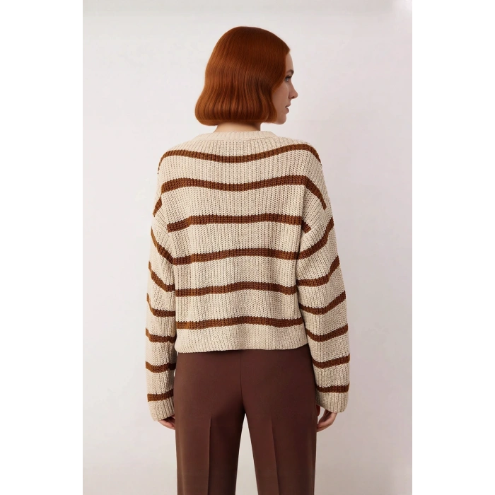 Kadın Oversize Bisiklet Yaka Çizgili Crop Triko Kazak Düşük Kollu Rahat Kışlık Kombinler İçin