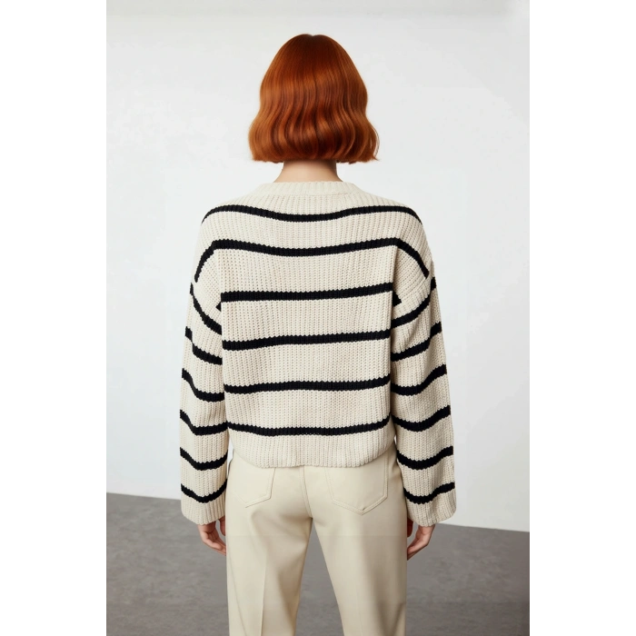 Kadın Oversize Bisiklet Yaka Çizgili Crop Triko Kazak Düşük Kollu Rahat Kışlık Kombinler İçin