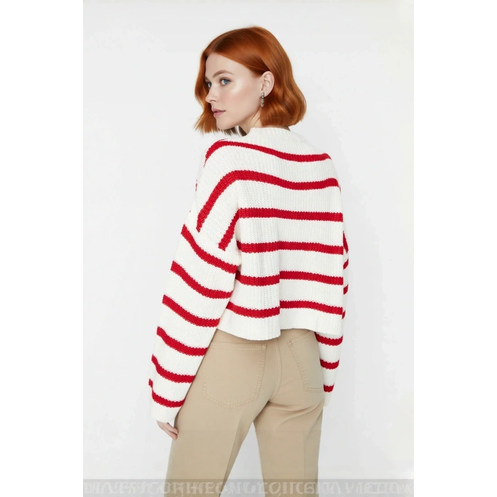 Kadın Oversize Bisiklet Yaka Çizgili Crop Triko Kazak Düşük Kollu Rahat Kışlık Kombinler İçin