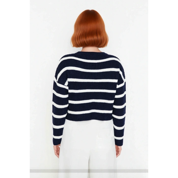 Kadın Oversize Bisiklet Yaka Çizgili Crop Triko Kazak Düşük Kollu Rahat Kışlık Kombinler İçin