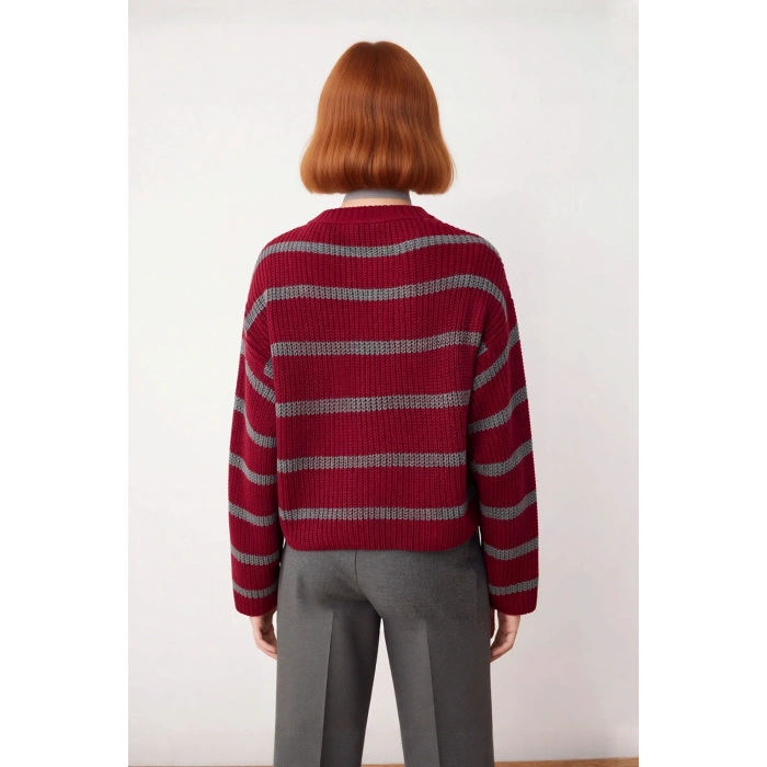 Kadın Oversize Bisiklet Yaka Çizgili Crop Triko Kazak Düşük Kollu Rahat Kışlık Kombinler İçin