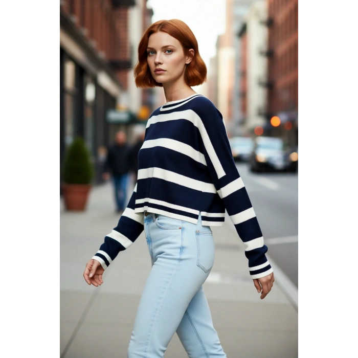 Kadın Oversize Bisiklet Yaka Çizgili Triko Crop Kazak İlkbahar Sonbahar Günlük Şıklık Kaliteli