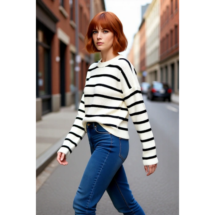 Kadın Oversize Bisiklet Yaka Çizgili Triko Kazak Kış Günleri İçin İdeal Şıklık ve Konfor Sunuyor