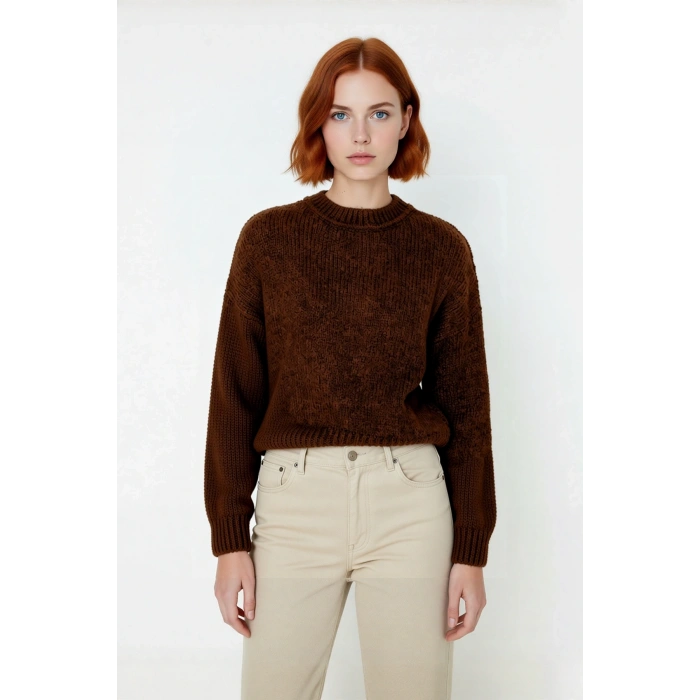 Kadın Oversize Bisiklet Yaka Düşük Kol Kalın Triko Kazak Kışlık Rahat Şık Günlük Kombinler İçin