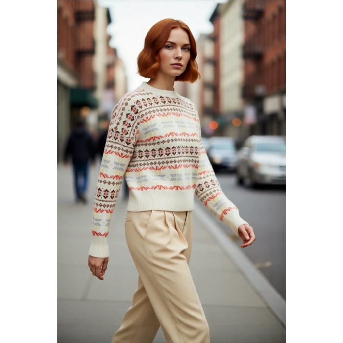 Kadın Oversize Bisiklet Yaka Etnik Desen Triko Kazak Düşük Kol Detayıyla Şık Kış Kombinleri