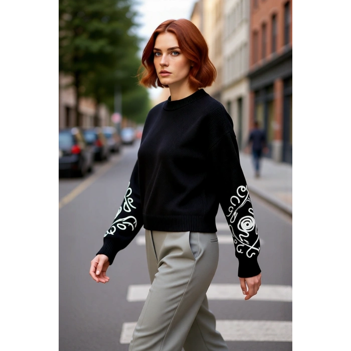 Kadın Oversize Bisiklet Yaka Kol İşlemeli Akrilik Triko Kazak Kışlık Günlük Şıklık Basic Rahat