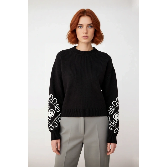 Kadın Oversize Bisiklet Yaka Kol İşlemeli Akrilik Triko Kazak Kışlık Günlük Şıklık Basic Rahat