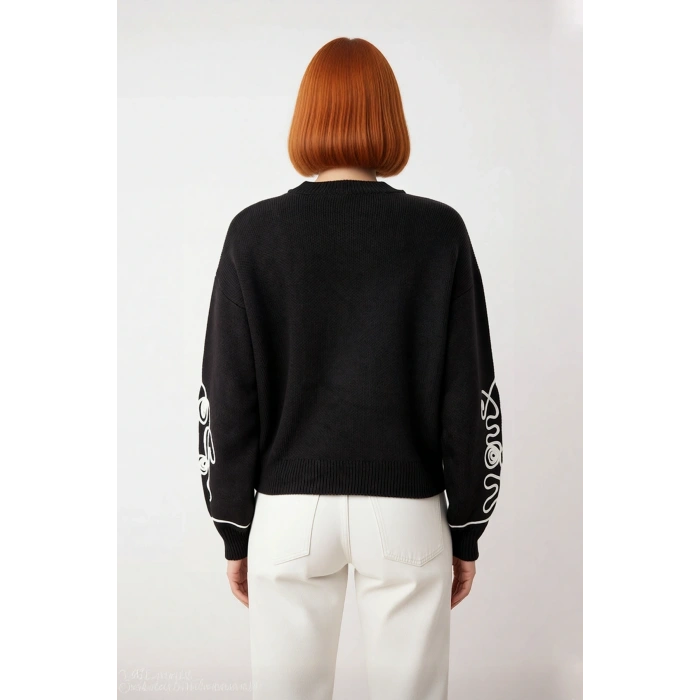 Kadın Oversize Bisiklet Yaka Kol İşlemeli Akrilik Triko Kazak Kışlık Günlük Şıklık Basic Rahat