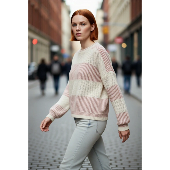 Kadın Oversize Bisiklet Yaka Renk Bloklu Uzun Kollu Pike Triko Kazak Kış Günleri İçin İdeal Bir