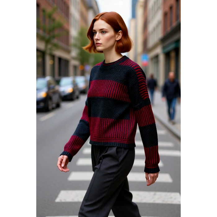 Kadın Oversize Bisiklet Yaka Renk Bloklu Uzun Kollu Pike Triko Kazak Kış Günleri İçin İdeal Bir