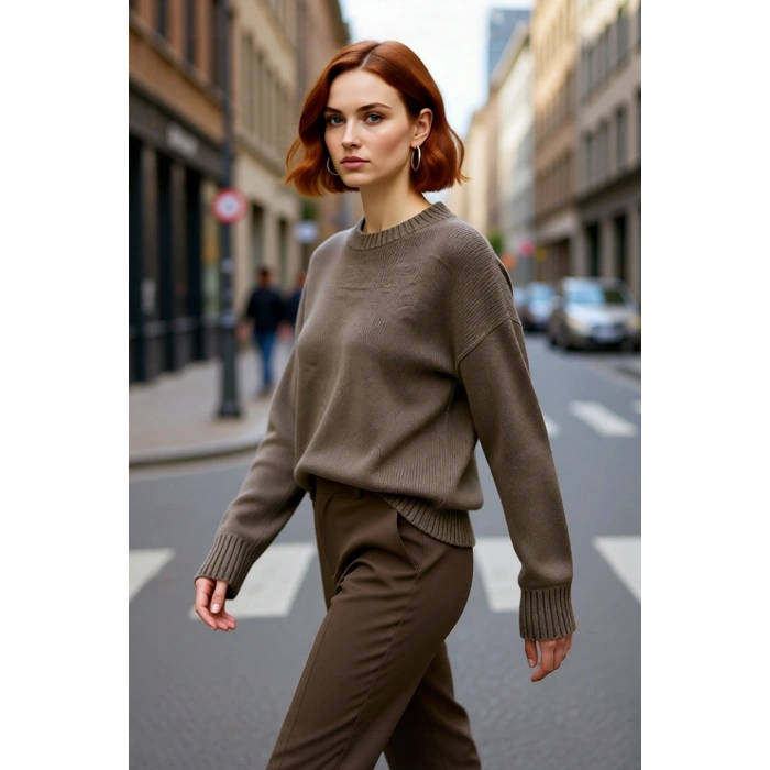 Kadın Oversize Bisiklet Yaka Triko Kazak Düşük Kollu Kış Mevsimi Rahatlığını Sunan Günlük Şıklık