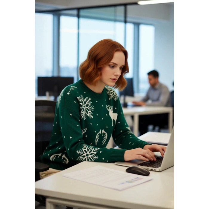 Kadın Oversize Bisiklet Yaka Yılbaşı Temalı Kar Tanesi Geyik Desenli Akrilik Triko Kazak Kaliteli