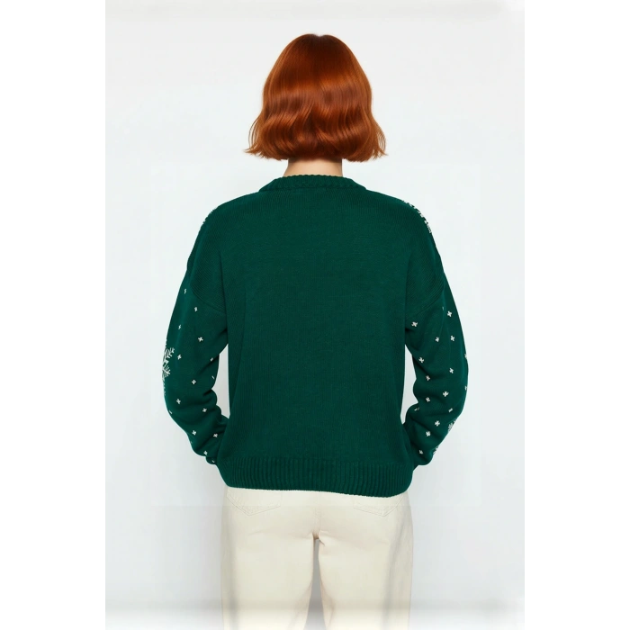 Kadın Oversize Bisiklet Yaka Yılbaşı Temalı Kar Tanesi Geyik Desenli Akrilik Triko Kazak Kaliteli