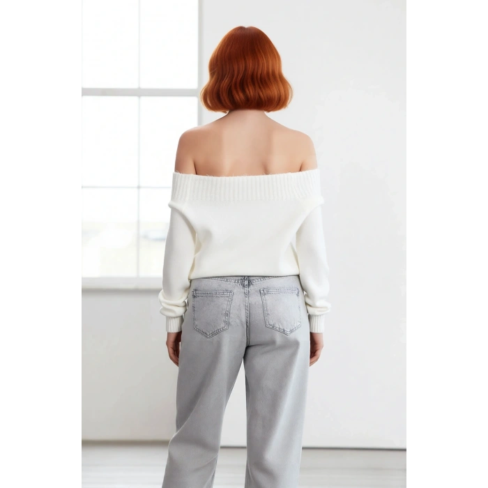 Kadın Oversize Boncuk İşlemeli Kayık Yaka Triko Kazak Omuz Açık Super Crop Şık Tasarım Kaliteli