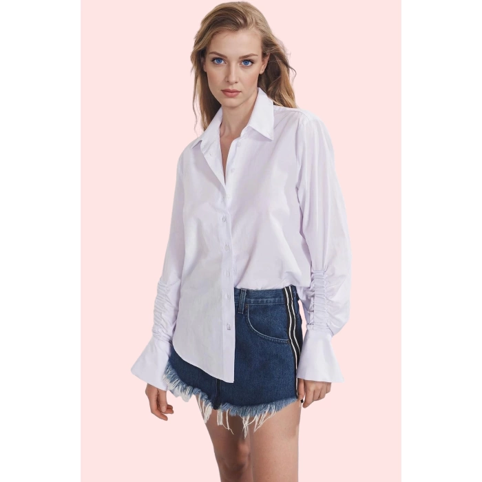 Kadın Oversize Büzgülü Kol Uzun Gömlek Düz Desen Terrycotton İş Ve Günlük Kaliteli Malzeme