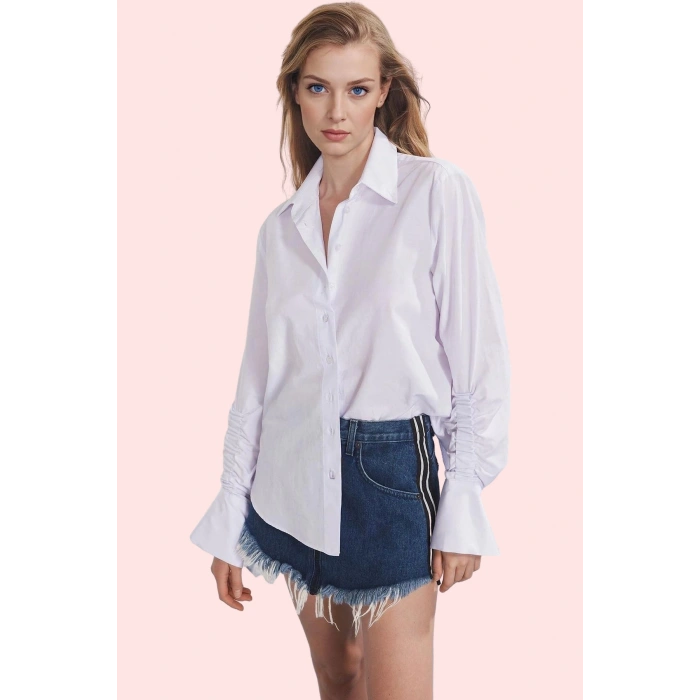Kadın Oversize Büzgülü Kol Uzun Gömlek Düz Desen Terrycotton İş Ve Günlük Kaliteli Malzeme