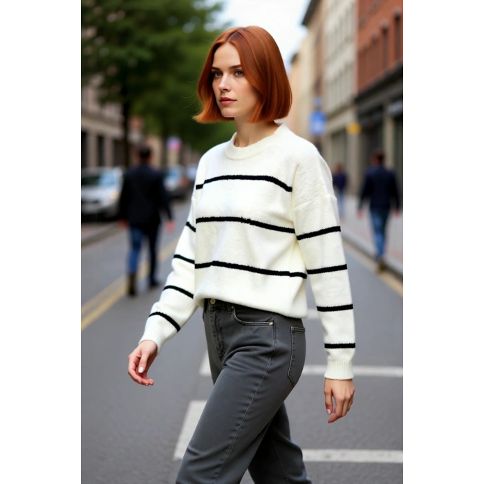 Kadın Oversize Çizgili Bisiklet Yaka Düşük Kol Triko Kazak Kışlık Günlük Şık Kombinler İçin Harika