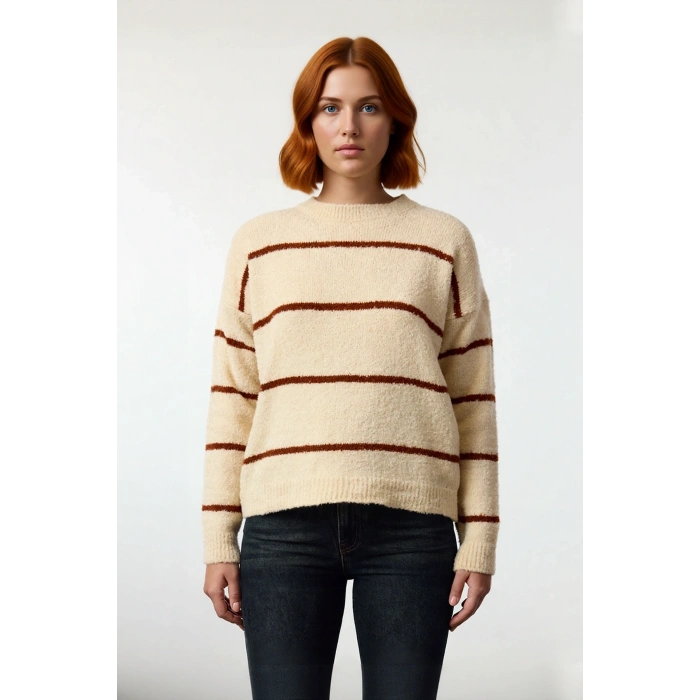 Kadın Oversize Çizgili Bisiklet Yaka Düşük Kol Triko Kazak Kışlık Günlük Şık Kombinler İçin Harika