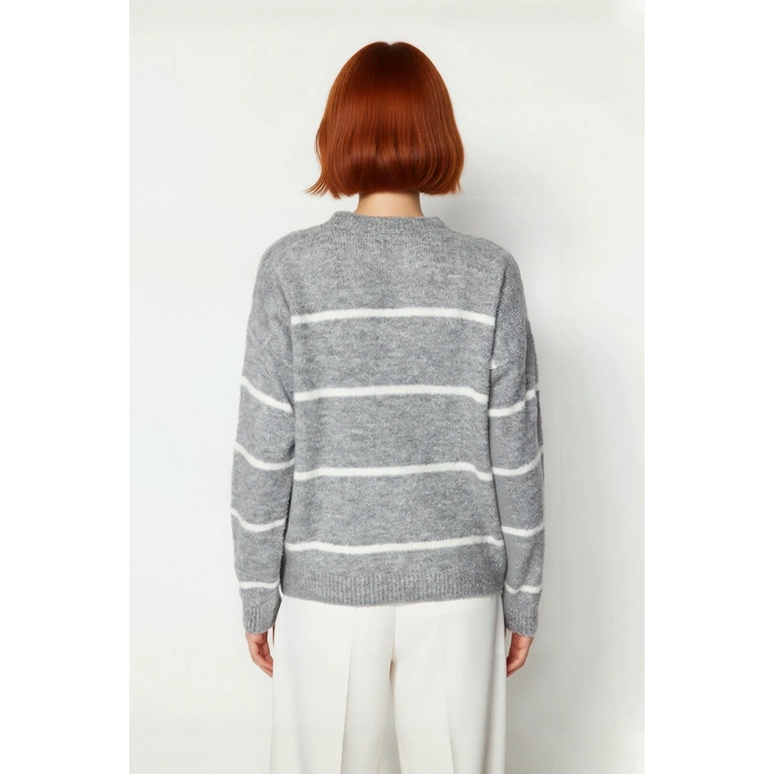 Kadın Oversize Çizgili Bisiklet Yaka Düşük Kol Triko Kazak Kışlık Günlük Şık Kombinler İçin Harika